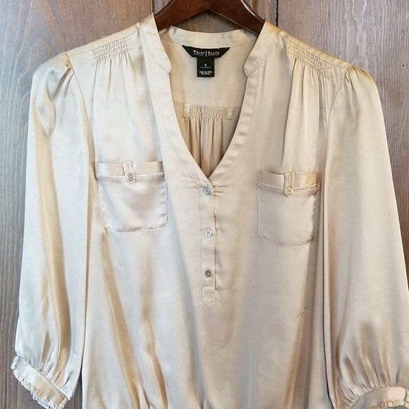 White House Black Market silk 3/4 sleeve tan top S - Picture 6 of 7